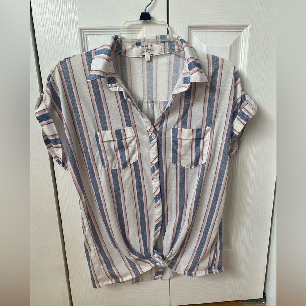 Stripped button down with tie at the bottom